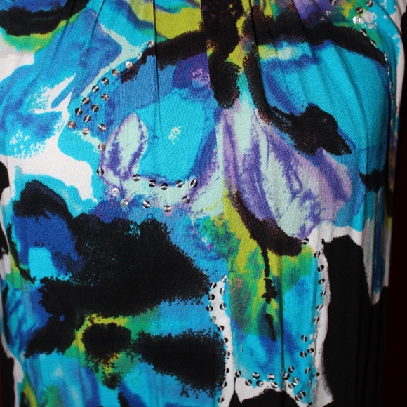 INC black dress with turquoise flowers Med    B8 - Picture 2 of 6